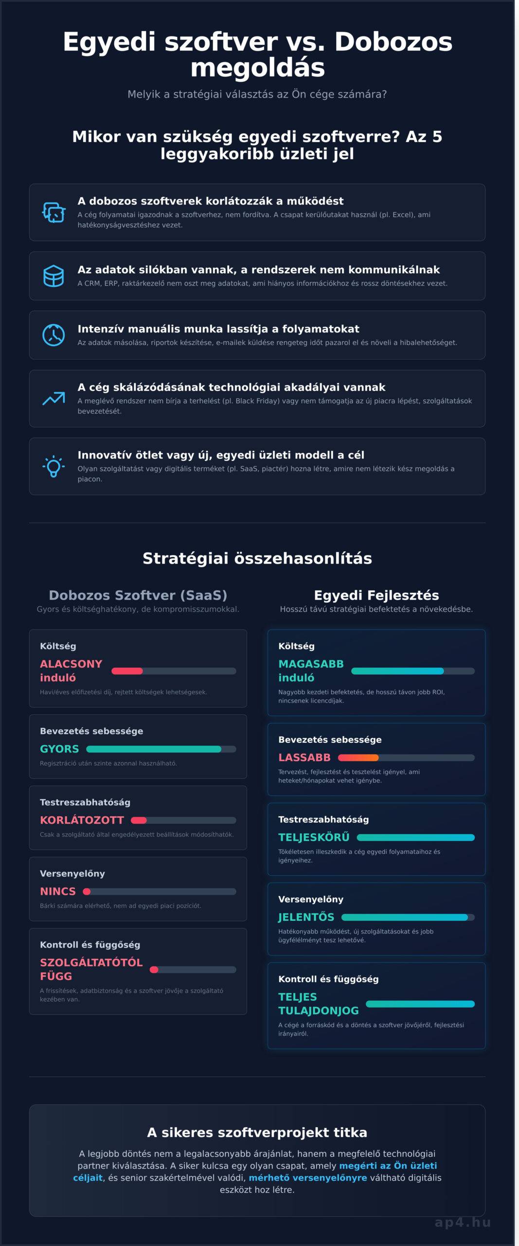 Egyedi szoftverfejlesztés: Stratégiai Útmutató Cégvezetőknek - Infographic