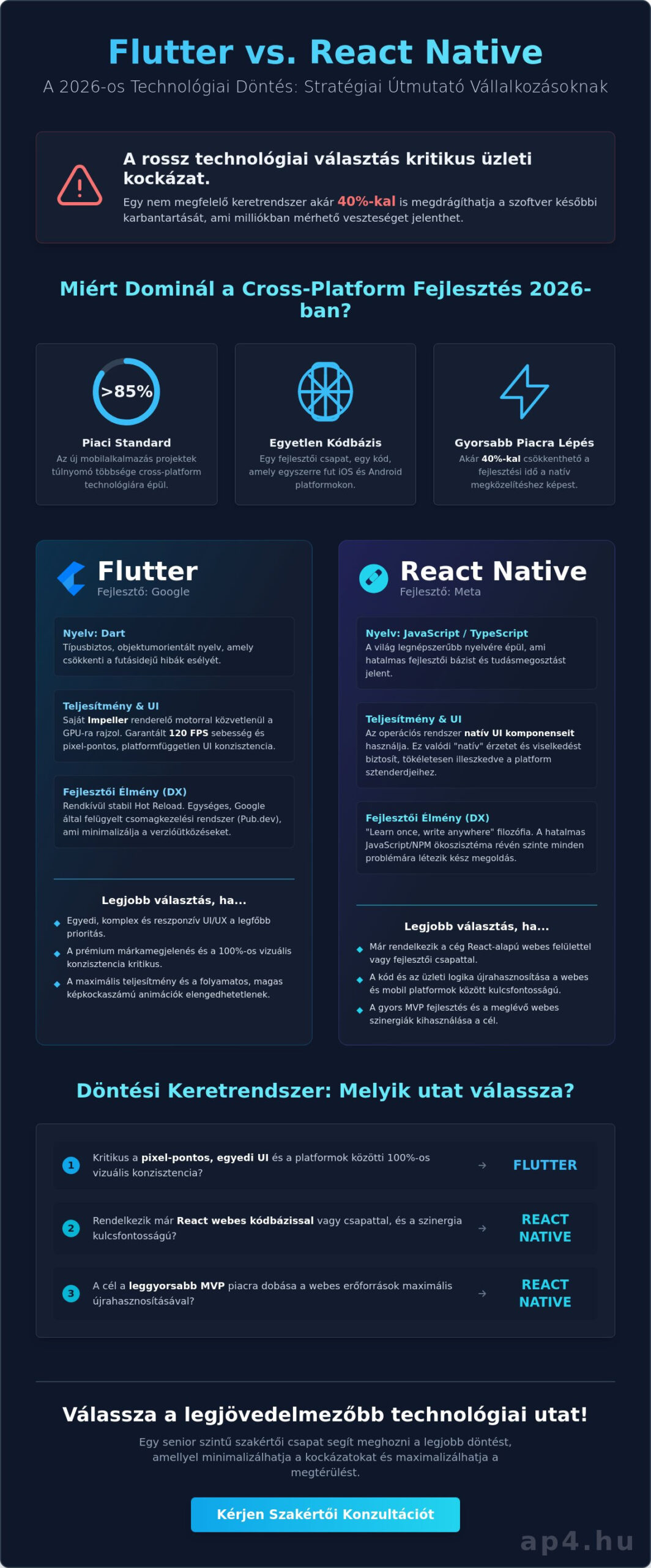 Flutter vs React Native fejlesztés 2026-ban: Melyik technológia szolgálja jobban üzleti céljait?